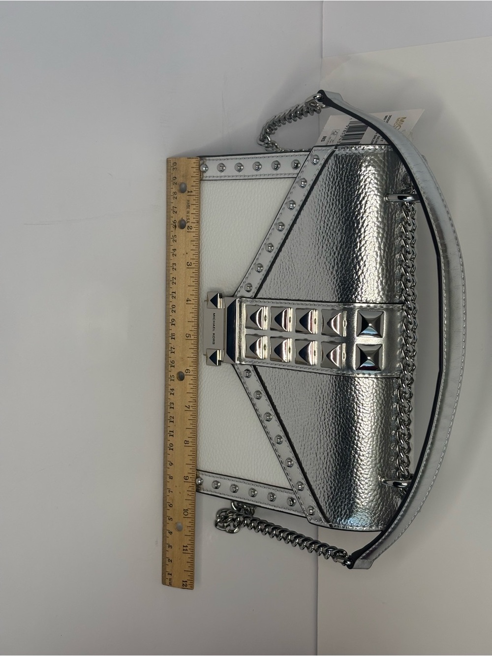 NWT Michael Kors Whitney Silver Metallic Studded Chain Crossbody - Picture 5 of 11